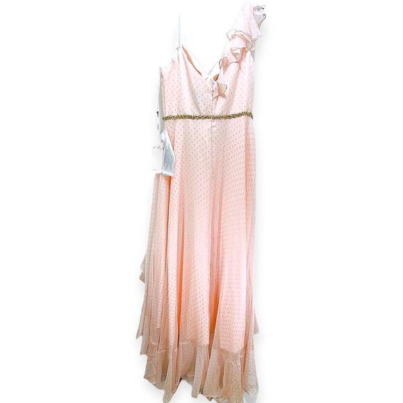Mac Duggal Chiffon Embellished Sequin Asymmetric Ruffle Long Dress Pink 10 NWT - Picture 4 of 16